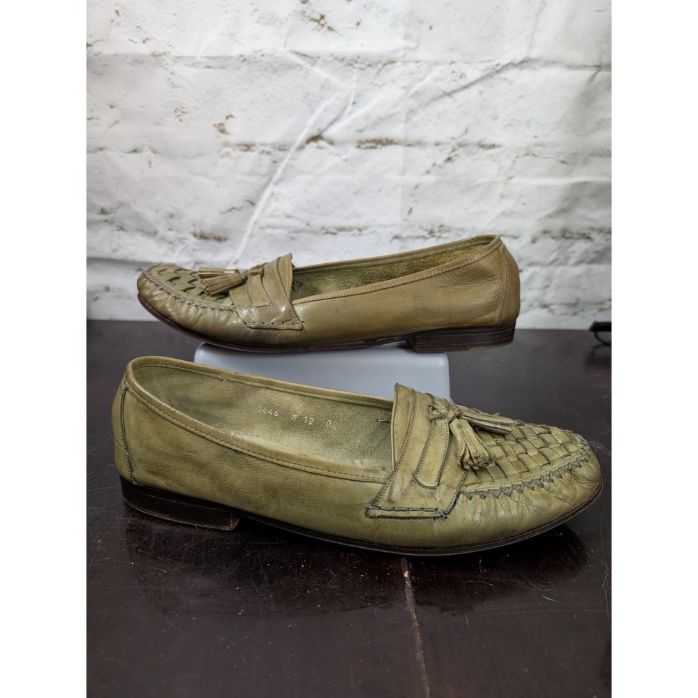 Vintage Cole Haan Woven Tassel Loafers Olive Green Leather Made in Italy L13 R12